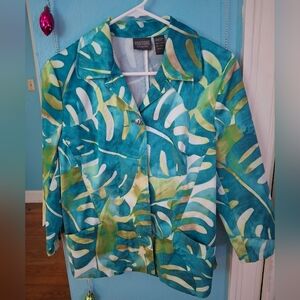 Chico's Additions Women's Med Chico's 1 Short Jacket Watercolor Blue Teal Foliag